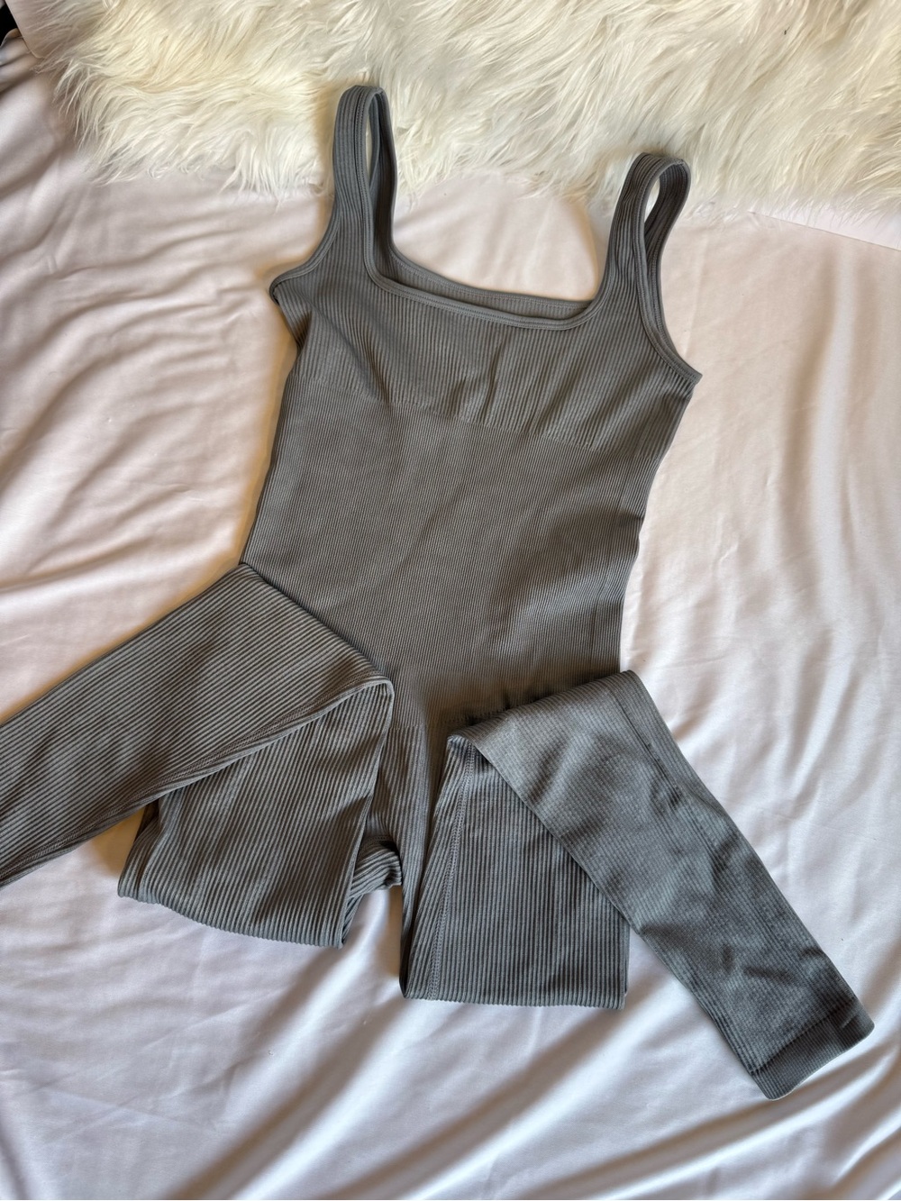 Ribbed Square-Neck Sleep Romper in Gray